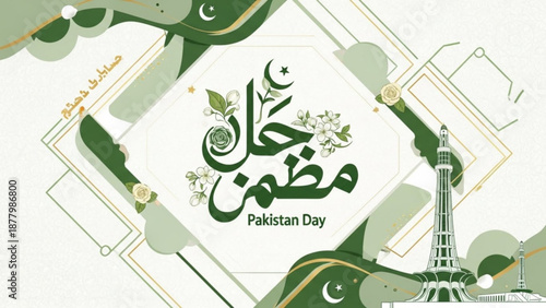 Pakistan Day Celebration with Minar-e-Pakistan Monument and Green Floral Design