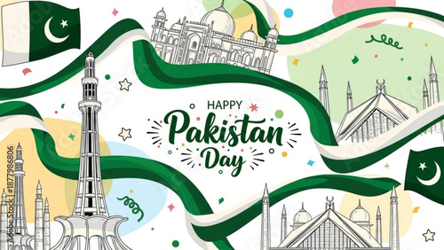 Pakistan Day Celebration with Green Flags and Landmarks