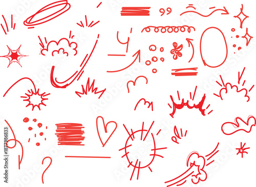  set of hand-drawn red doodle elements. These decorative design assets are commonly used for a variety of purposes vector illustration 