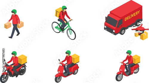 Delivery Service and Courier Transportation Vector Illustration Set Featuring Bicycle, Scooter, Motorcycle, Van, Drone, and Package Handling for Logistics, Shipping, and E Commerce Designs