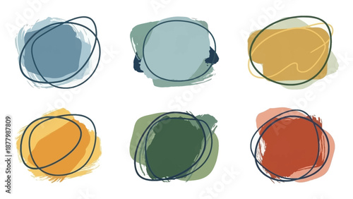 Artistic collection of fluid watercolor brushstroke graphics with unique hand-drawn scribble frames, offering a vibrant and modern abstract effect for contemporary design projects