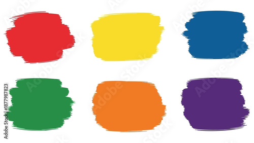 Vibrant Set of Six Paint Swatches Illustrating a Spectrum of Primary and Secondary Colors, Ideal for Graphic Design Elements, Artistic Backgrounds, or Creative Projects