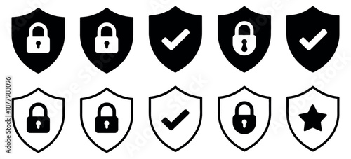 Security Shield Icons Representing Safety, Privacy, and Protection with Lock, Key, and Star