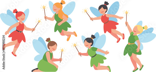 Cute Fairy Illustration Set Featuring Magical Characters with Wings, Sparkling Wands, Colorful Dresses, and Whimsical Fantasy Elements