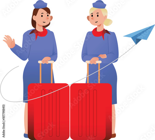 Two Female Flight Attendants with Suitcases at Airport, Travel and Aviation Concept