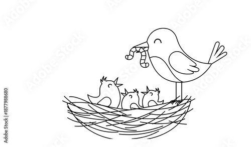 Parent birds feeding worms to chicks in nest flat vector illustration