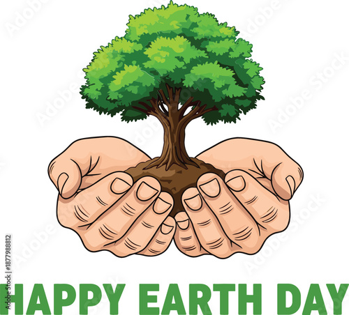 Detailed illustrative vector of hands cupping a mature flourishing tree and soil for Happy Earth Day environmental celebration.