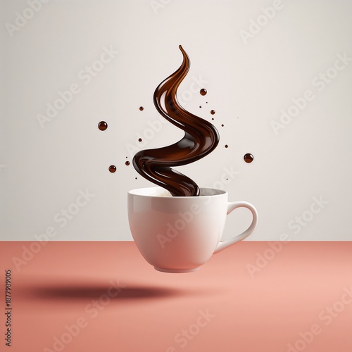 Hot cup of coffee with a splash of brown espresso liquid and steam in a cafe mug illustration for a breakfast beverage design icon