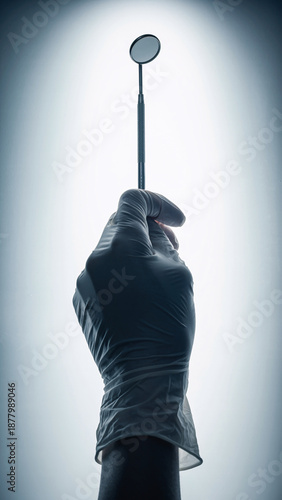 Gloved hand holding dental mirror in dramatic lighting