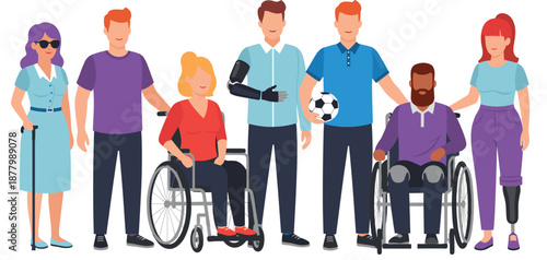 Inclusive People with Disabilities Vector Illustration Set Featuring Diverse Men and Women Using Wheelchairs, Prosthetic Arms, and Adaptive Sports Equipment for Accessibility and Diversity Designs