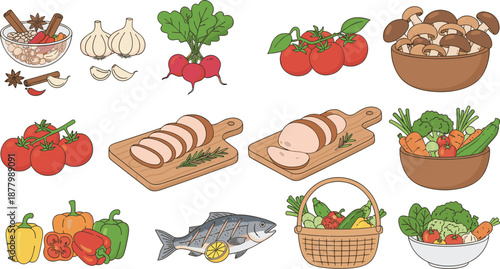 Healthy Cooking Ingredients Illustration Set Featuring Fresh Vegetables, Herbs, Fish, Chicken, and Natural Food Elements