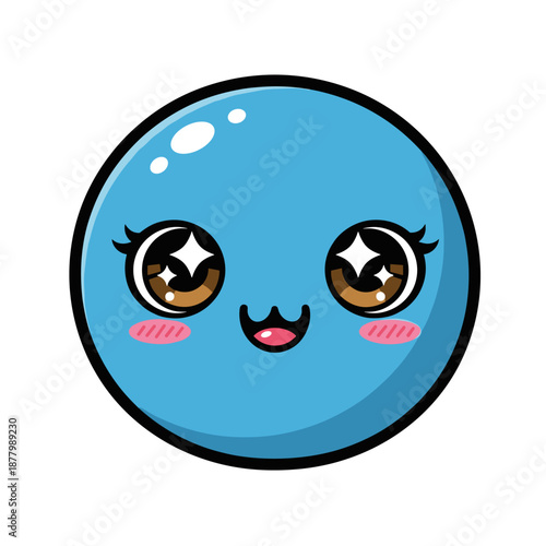 Cute blue cartoon character face with big eyes and blush cheeks smiling