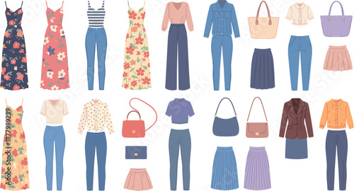 Women's Fashion Illustration Set Featuring Dresses, Tops, Pants, Skirts, Bags, and Stylish Outfit Elements in Soft Pastel Colors