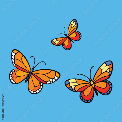 Bright, colorful butterflies dance gracefully across a clear blue sky, their delicate wings catching sunlight as they flutter in a serene, airy paradise.
