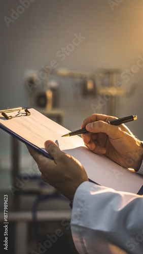 Doctor writing notes on clipboard in medical office with soft lighting