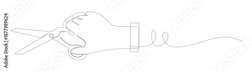 Continuous line art of a hand holding open scissors with curved lines. This image is for a salon or barbershop banner. Vector illustration.