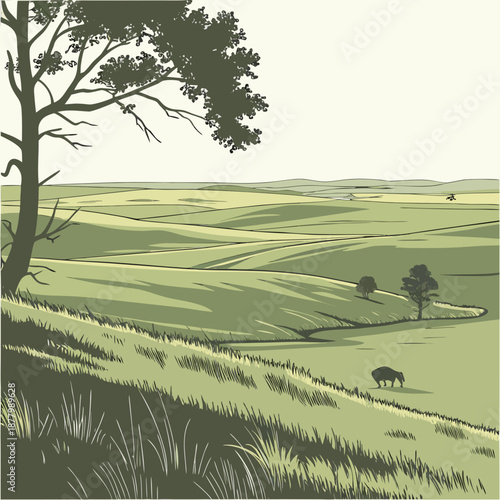 Green hillside with tree and grazing animal rolling hills