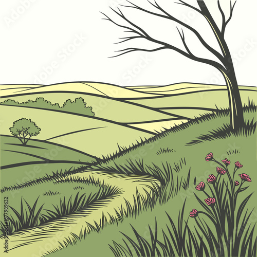 Green hillside with bare tree and pink flowers rolling hills