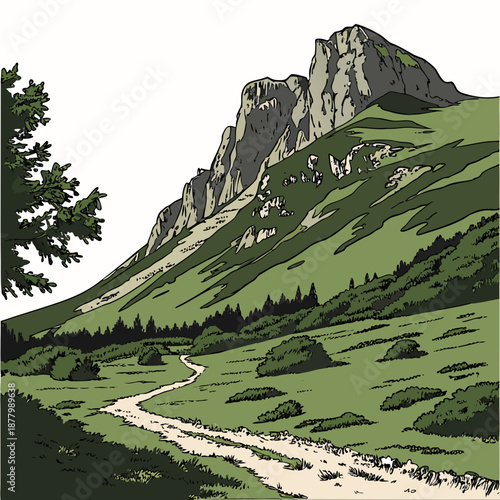 Mountain base with open foreground and rocky peak green hillside