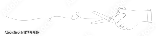 Continuous line art of a hand holding open scissors with curved lines. This image is for a salon or barbershop banner. Vector illustration.