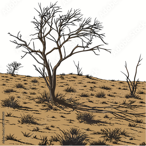 Dry grassland with sparse vegetation and bare trees