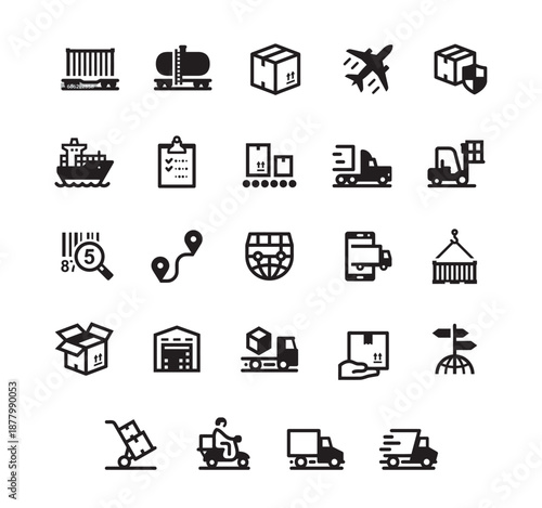 Logistics and transportation icons representing various modes of transport and cargo handling from different viewpoints