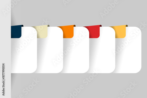 Modern infographic template with five blank white cards and colorful navigation tabs vector illustration for business presentation data visualization steps process flow layout copy space