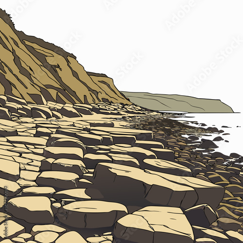 Rocky shoreline with flat layered stones and steep cliff