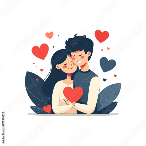 Affectionate Couple Embracing with a Heart Amidst Hearts and Leaves