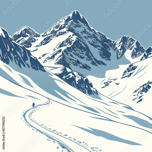 Snow covered mountain ridges and road in blue and white