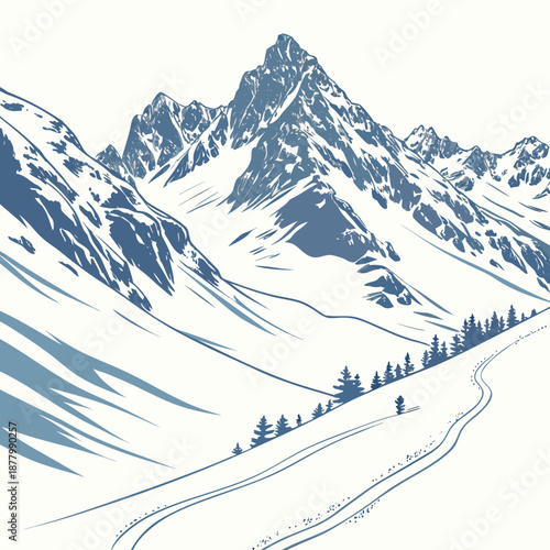 Snow covered mountain ridges with trees and road