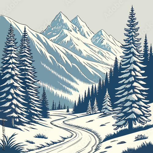 Snowy alpine landscape with winding road and coniferous trees