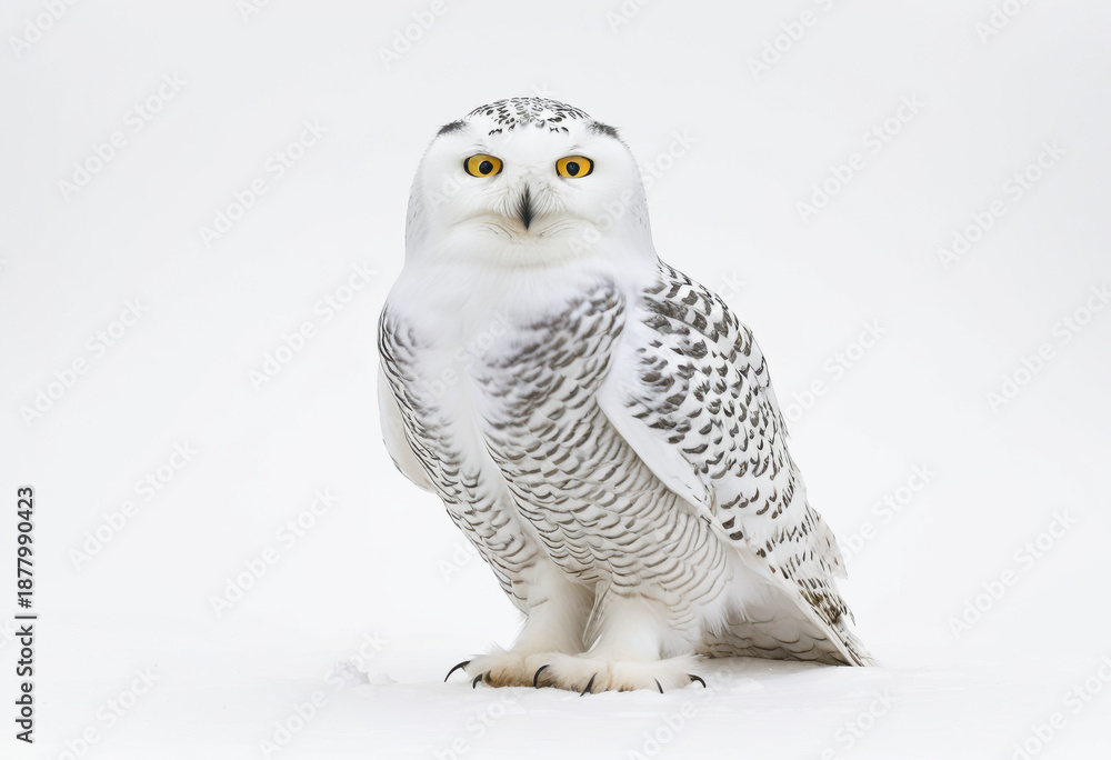 Fototapeta premium Snowy Owl (Asian North), Bubo scandiacus, majestic owl portrait, pure white feathers with sparse black spots, white background