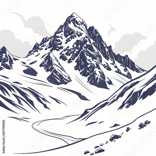 Frozen mountain heights on white background snow blue and white