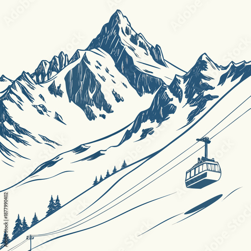 Blue of ski lift on snowy mountain slope with trees