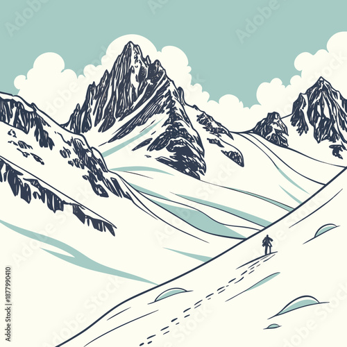 Minimal of icy alpine slopes with a lone hiker snow