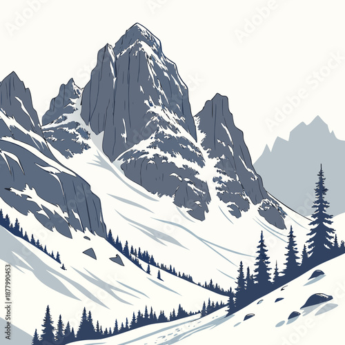 Snow laden alpine cliffs and trees on white background