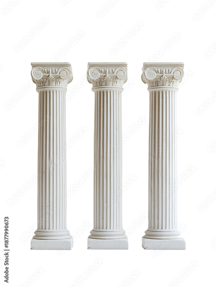 Obraz premium 3d render classic greek columns white marble pillars with ornate capital for architecture history law museum and ancient roman style isolated on transparent background