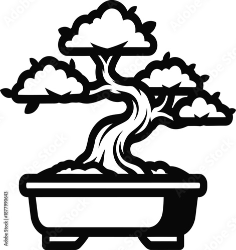 Black and white bonsai tree illustration in pot