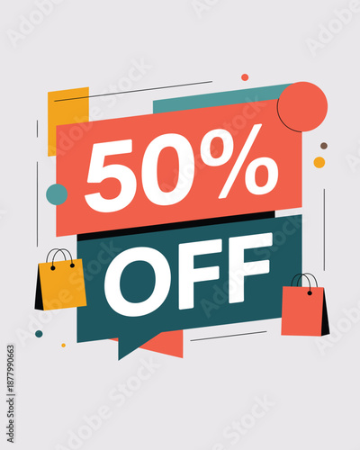 Colorful 50 percent off sale banner with shopping bags