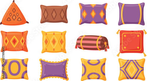 Decorative Throw Pillow Vector Illustration Set Featuring Colorful Cushions with Geometric Patterns for Home Decor, Living Room Styling, and Interior Design Projects