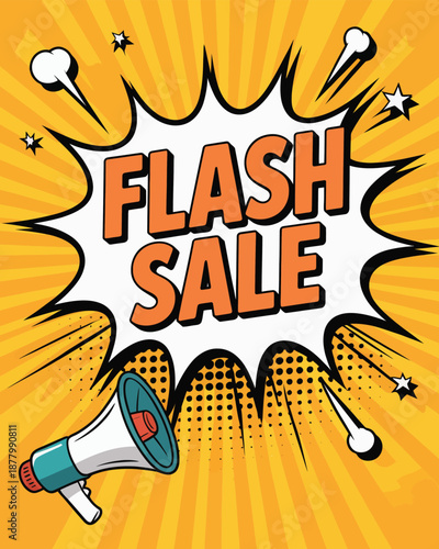 Flash Sale Announcement with Megaphone and Comic Style Background
