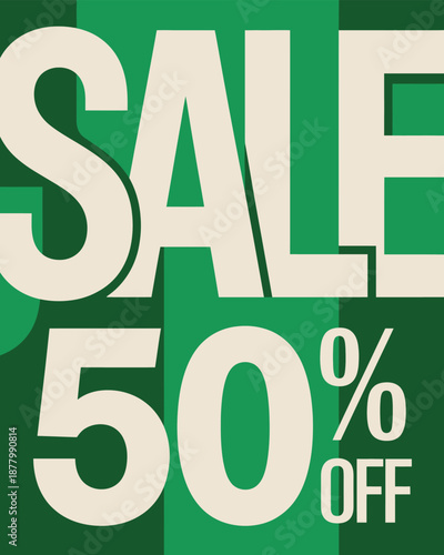 Green and white sale sign with 50 percent off discount