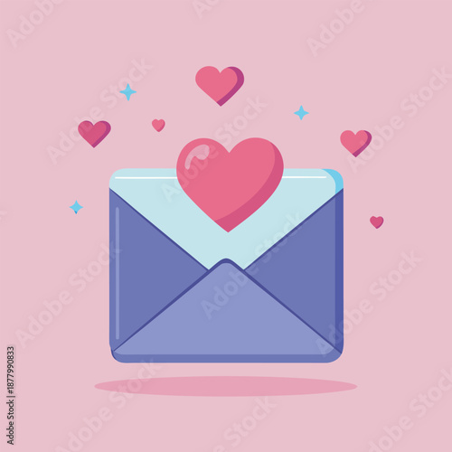 Simple romantic envelope with tiny hearts floating out of it, symbol of a love letter, invitation, or greeting message for Valentine's Day and special occasions.