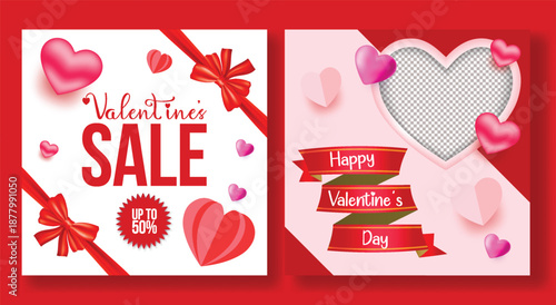 Valentine’s Day sale discount social media post design featuring romantic 3D heart vector illustration background for ads promo and marketing banners
