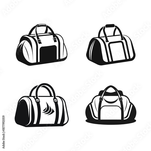 Set Of Four Black And White Duffel Bags – Gym, Travel, And Sports Icon Pack