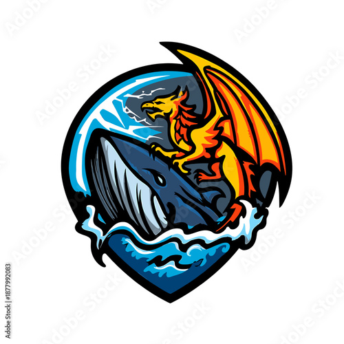 Mighty golden dragon riding a powerful dark blue whale through vibrant ocean waves vector illustrations on white background.