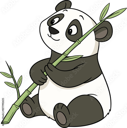 A cartoon illustration of a giant panda, centered and against a stark white background. The panda is depicted in a seated position, facing the viewer with a slight smile. Its fur is primarily black an