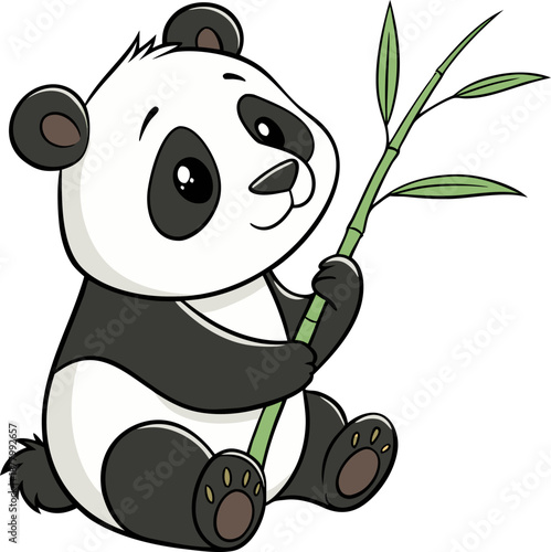 A cartoon illustration of a giant panda, centered and against a stark white background. The panda is depicted in a seated position, facing the viewer with a slight smile. Its fur is primarily black an