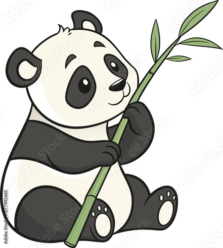 A cartoon illustration of a giant panda, centered and against a stark white background. The panda is depicted in a seated position, facing the viewer with a slight smile. Its fur is primarily black an